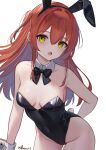  1girl :o absurdres animal_ears bare_shoulders blush bocchi_the_rock! bow bowtie breasts cleavage detached_collar highres kita_ikuyo long_hair minusk9 playboy_bunny rabbit_ears rabbit_tail red_hair side_ponytail tail thighs wrist_cuffs yellow_eyes 