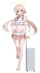  1girl :d absurdres bare_arms bare_legs bare_shoulders bikini bikini_skirt blue_archive blush breasts collarbone frilled_bikini frills full_body halo heianjian hifumi_(blue_archive) hifumi_(swimsuit)_(blue_archive) highres light_brown_hair long_hair looking_at_viewer low_twintails navel official_alternate_costume open_mouth rolling_suitcase side-tie_bikini_bottom simple_background small_breasts smile solo standing standing_on_one_leg stomach suitcase swimsuit tachi-e twintails white_background white_bikini yellow_eyes 