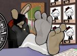  ambiguous_gender anthro bodily_fluids cherrufox clothing feet female fish_(cherrufox) foot_fetish foot_focus furniture lagomorph leporid mammal rabbit solo sweat 