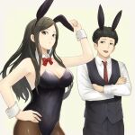  1boy 1girl :o animal_ears arm_up black_hair black_leotard black_pants black_vest bow bowtie breasts brown_eyes brown_hair brown_pantyhose crossed_arms fake_animal_ears fuji_seiko hakozume:_kouban_joshi_no_gyakushuu hand_on_own_hip highres leotard long_hair looking_at_another looking_at_viewer medium_breasts michino_(81097636) minamoto_seiji necktie pants pantyhose playboy_bunny red_bow red_bowtie red_necktie shirt simple_background vest white_shirt wrist_cuffs 