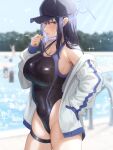  1girl alternate_costume bare_shoulders baseball_cap black_hair black_one-piece_swimsuit blue_archive blurry blush breasts competition_swimsuit covered_navel cowboy_shot day depth_of_field groin hand_in_pocket hat highleg highleg_swimsuit highres holding holding_whistle jacket large_breasts long_sleeves looking_at_viewer mutenka_(plfgb) off_shoulder one-piece_swimsuit open_clothes open_jacket outdoors pool saori_(blue_archive) solo_focus sparkle standing swimsuit thick_thighs thigh_strap thighs two-tone_swimsuit whistle white_jacket 