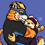  2021 anthro bandanna beard blonde_hair canid canine canis clothed clothing colored digital_media_(artwork) domestic_dog duo embrace eyes_closed facial_hair felid floppy_ears fully_clothed fur hair happy hoodie hug kerchief lex1art male mammal mask orange_body orange_fur pantherine relaxing signature simple_background smile spandex standing stripes super-nova tail tiger tight_clothing topwear vince_(super-nova) white_body white_fur yellow_body yellow_fur 