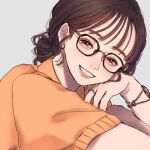  1girl black-framed_eyewear brown_hair commentary earrings eyelashes glasses grey_background jewelry looking_at_viewer norimaki_(seidan0611) orange_sweater original short_hair simple_background smile solo sweater symbol-only_commentary teeth upper_body 