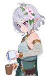  1girl antenna_hair bare_shoulders blush closed_mouth commentary_request cup detached_sleeves flower green_sleeves grey_hair hair_between_eyes hair_flower hair_ornament highres holding holding_cup kokkoro_(princess_connect!) milk pointy_ears princess_connect! purple_eyes see-through see-through_sleeves short_hair simple_background some1else45 white_background 