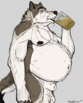  absurd_res alcohol animal_genitalia anthro balls beer beer_belly belly belly_tuft beverage big_belly bloated canid canine canis chest_tuft drinking fur genitals grey_body grey_fur hi_res male mammal mature_male musclegut nude sheath sheppyduke solo tuft white_body white_fur wolf 