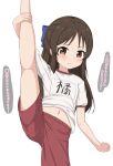  1girl arm_support blue_bow blush bow breasts brown_eyes brown_hair closed_mouth commentary_request frown gym_shirt gym_shorts hair_bow highres idolmaster idolmaster_cinderella_girls leg_hold long_hair looking_at_viewer name_tag navel puffy_short_sleeves puffy_sleeves red_shorts shirt short_sleeves shorts simple_background small_breasts solo split split_mouth standing standing_on_one_leg standing_split t-shirt tachibana_arisu takasuma_hiro translation_request variant_set white_background white_shirt 