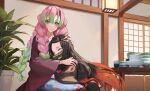  2girls bamboo bit_gag black_hair blue_kimono bowl brown_hair brown_kimono closed_eyes commentary cup floral_print forehead gag gradient_hair green_eyes hair_between_eyes hand_on_another&#039;s_head haori happy highres hug indoors japanese_clothes kamado_nezuko kanroji_mitsuri kimetsu_no_yaiba kimono long_hair looking_at_viewer mole mole_under_eye motherly multicolored_hair multiple_girls multiple_moles pacifier peach_luo pink_hair plant print_kimono revision seiza sitting sliding_doors smile symbol-only_commentary table teacup tri_braids wide_sleeves wooden_table 