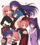  3girls brown_eyes character_request closed_eyes copyright_request headphones headphones_around_neck highres hug long_sleeves looking_at_another lun_ch multiple_girls musical_note necktie open_mouth parted_lips pink_hair purple_hair red_necktie short_twintails smile speech_bubble twintails yuri 