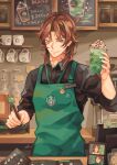  1boy alternate_costume apron artist_name barista black_shirt brown_hair chalkboard character_pin closed_mouth coffee coffee_maker_(object) coffee_mug collared_shirt cookie counter cup food green_apron green_eyes gundam gundam_00 haro holding holding_pen indoors jar lockon_stratos long_sleeves looking_at_viewer lyle_dylandy male_focus medium_hair monitor mug name_tag one_eye_closed pen shirt signature smile solo starbucks sticky_note uniform vuls406 