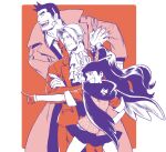  1girl 2boys ace_attorney ace_attorney_investigations ascot bandaid bandaid_on_face closed_mouth collared_shirt dick_gumshoe facial_hair from_side gloves hair_intakes hand_on_hip high_ponytail highres jacket kay_faraday key_hair_ornament limited_palette long_hair long_sleeves miles_edgeworth multiple_boys necktie nitako open_mouth pencil_behind_ear pointing ponytail shirt short_hair skirt sleeves_rolled_up smile standing stubble 