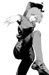  1girl absurdres black_footwear fighting_stance foreshortening fujimoto_tatsuki greyscale hammer head_tilt highres holding holding_hammer holding_nail jujutsu_kaisen jujutsu_tech_uniform kugisaki_nobara looking_to_the_side medium_hair monochrome nail simple_background solo white_background 