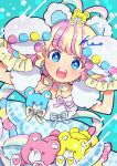  1girl :d amauri_miruki amauri_miruki_(primagista) animal_ears animal_hands bear_ears bear_hair_ornament blonde_hair blue_background blue_eyes blue_ribbon blush colored_eyelashes commentary_request curly_hair dress earrings fake_animal_ears frilled_dress frills fur-trimmed_dress fur_trim gloves hair_ornament hands_up hao_(00hao00) idol_clothes jewelry layered_dress looking_at_viewer multicolored_hair neck_ribbon open_mouth paw_gloves paw_pose pink_hair pink_ribbon plaid plaid_dress pretty_(series) ribbon short_hair smile solo standing star_(symbol) streaked_hair stuffed_animal stuffed_toy teddy_bear two-tone_hair waccha_primagi! white_gloves yellow_ribbon 