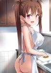  1girl absurdres apron ass breasts brown_hair cooking from_behind highres indoors kitchen long_hair looking_at_viewer looking_back naked_apron natsushima_memo open_mouth original red_eyes smile solo twintails white_apron 