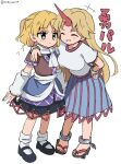  2girls ? arm_warmers black_footwear black_skirt blonde_hair blue_skirt blush breasts brown_shirt closed_eyes flat_chest full_body green_eyes grin highres horns hoshiguma_yuugi large_breasts long_hair mizuhashi_parsee multiple_girls oni_horns pointy_ears ramudia_(lamyun) red_horns shirt shoes short_hair short_sleeves simple_background single_horn skirt smile socks touhou twitter_username white_background white_shirt white_socks 