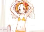  1girl arms_up bad_id bad_twitter_id bikini blush flat_chest flower hair_flower hair_ornament hairclip holding holding_towel idolmaster idolmaster_cinderella_girls looking_at_viewer navel open_mouth orange_eyes orange_hair ryuzaki_kaoru short_hair sketch smile solo sweat swimsuit thick_eyebrows towel tsurumai_kada wet white_towel 