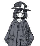  1girl blush bow closed_mouth collarbone commentary drawstring greyscale hat hat_bow hatching_(texture) highres hood hood_down jacket linear_hatching long_sleeves monochrome nama_udon pocket short_hair sketch sleeves_past_fingers sleeves_past_wrists smile solo straight-on touhou upper_body usami_renko zipper 