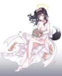  1girl alternate_costume animal_ears bare_legs black_hair blue_archive blush bouquet breasts choker dog_ears dog_girl dog_tail dress flower full_body hair_flower hair_ornament halo hibiki_(blue_archive) high_heels highres holding holding_bouquet legs long_hair looking_at_viewer petals picter rose rose_petals skirt solo strapless strapless_dress tail wedding_dress white_choker white_dress 