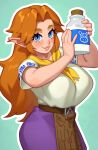 1girl alternate_breast_size blue_eyes blush bottle breasts brown_hair english_commentary highres huge_breasts long_hair malon milk milk_bottle pointy_ears riz smile solo the_legend_of_zelda the_legend_of_zelda:_ocarina_of_time 