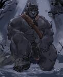  abs absurd_res anthro arun_six barazoku beard big_muscles black_hair canid canine canis chest_tuft facial_hair feet feet_in_water flaccid forest fur genitals grey_body grey_fur hair hi_res humanoid_genitalia humanoid_penis male mammal muscular muscular_anthro muscular_male nipples nude one_eye_closed outside partially_submerged pawpads pecs penis plant pubes ronin_(innovator_aegis) sitting solo tree tuft water were werecanid werecanine werewolf wet wolf 
