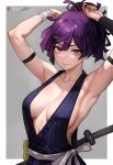  1girl absurdres arm_behind_head armpits arms_up bare_shoulders black_armband bluefield breasts center_opening cleavage highres japanese_clothes jigokuraku kimono large_breasts looking_at_viewer ninja purple_hair purple_kimono short_hair smile solo topknot upper_body yuzuriha_(jigokuraku) 