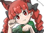  1girl :3 animal_ear_fluff black_bow blunt_bangs bow braid commentary dress edwardmidori extra_ears fang fang_out green_dress hair_bow hands_up head_tilt kaenbyou_rin light_blush long_hair looking_at_viewer paw_pose puffy_short_sleeves puffy_sleeves red_eyes red_hair short_sleeves simple_background solo touhou twin_braids upper_body white_background 