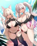  2girls absurdres animal_ear_fluff animal_ears ball beachball bikini black_bikini black_thighhighs blue_sky blush breasts brown_eyes cleavage cloud day frilled_bikini frills hand_on_own_thigh highres holding holding_ball holding_beachball korean_commentary large_breasts long_hair looking_at_viewer mindoll mouth_hold multiple_girls navel o-ring o-ring_bikini ocean original outdoors palm_leaf sky smile standing swimsuit thighhighs twintails v very_long_hair white_hair 