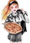  1girl absurdres black_coat black_skirt blonde_hair blush bright_pupils coat cowboy_shot food fruit gradient_hair grey_shirt ham hawaiian_pizza highres holding holding_food holding_pizza long_sleeves looking_at_viewer moffumoto multicolored_hair open_mouth original pineapple pizza pizza_box pleated_skirt red_eyes red_hair shirt simple_background skirt smile solo white_background white_pupils yellow_nails 