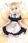 1girl :d absurdres alternate_costume animal_ear_fluff animal_ears apron arknights black_dress black_ribbon blonde_hair blue_hairband blush braid dress enmaided fox_ears fox_girl fox_tail frilled_apron frilled_sleeves frills green_eyes hairband highres long_hair looking_at_viewer maid multicolored_hair multiple_tails neck_ribbon open_mouth ribbon short_sleeves simple_background skirt_hold smile solo suzuran_(arknights) tail thighhighs twin_braids two-tone_hair waist_apron white_apron white_background white_thighhighs yon_(isieuniya) zettai_ryouiki 