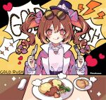  +_+ :q =3 bow bowl brown_hair butter drill_hair eyewear_on_head food fork hair_bow hat heart high_collar holding holding_fork holding_knife jewelry knife kyouda_suzuka long_hair long_sleeves mini_hat plate sparkle steam sunglasses tilted_headwear tongue tongue_out top_hat touhou twin_drills twintails yorigami_jo&#039;on 