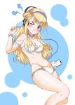  &gt;_o 1girl :t bikini blonde_hair blue_eyes breasts cellphone cleavage double_bun fletcher_(kancolle) food hair_bun hair_ornament hairband highres kantai_collection large_breasts long_hair one_eye_closed phone popsicle pout satetsu_(satetsu3135) smartphone solo star_(symbol) swimsuit white_bikini 