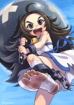  1girl absurdres ahoge ankle_cuffs bell brown_eyes brown_hair chain dirty dirty_feet dirty_footwear dirty_legwear feet genderswap genderswap_(mtf) greek_toe highres open_mouth oyatsu_(mk2) pretty_chang soles solo teeth the_king_of_fighters toes upper_teeth_only 