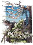  blue_sky cherry_blossoms closed_eyes closed_mouth flower flower_on_head flower_wreath grass highres homilmugi korean_commentary lying on_grass on_stomach pink_flower pokemon pokemon_(creature) sky sleeping tree turtwig white_flower xerneas 