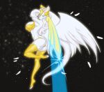  2023 angel anthro bent_leg big_breasts bludraconoid bra breasts clothing cosmic_background dragon feathered_wings feathers female gold_(metal) hair hi_res holding_object holding_sword holding_weapon legwear melee_weapon mia_(bludraconoid) multicolored_eyes one_leg_up pose raised_leg side_view solo space space_background sword thigh_highs thong toufucoo underwear weapon white_body white_feathers white_hair wings 