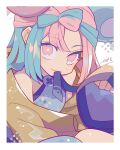  1girl auko bare_shoulders blue_hair bow-shaped_hair closed_mouth feet_out_of_frame grey_shirt hand_up highres iono_(pokemon) jacket knees_up long_hair looking_at_viewer mouth_hold multicolored_hair paw_pose pink_eyes pink_hair pokemon pokemon_(game) pokemon_sv ribbon ribbon_in_mouth shirt signature sleeveless sleeveless_shirt sleeves_past_wrists smile solo star_(symbol) star_in_eye symbol_in_eye two-tone_hair yellow_jacket 