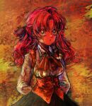  1girl abstract_background arms_behind_back blood blood_from_mouth blood_on_clothes collared_shirt crying crying_with_eyes_open expressionless grey_eyes hair_ribbon highres injury long_hair looking_at_viewer moomoo_ghost neck_ribbon pink_hair pleated_skirt red_ribbon ribbon sayonara_wo_oshiete school_uniform shirt skirt solo tears ueno_koyori underbust upper_body vest wavy_hair white_shirt 