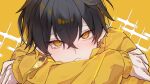  1boy :&lt; black_hair blonde_hair earrings fang hair_between_eyes highres holostars jewelry looking_at_viewer male_focus multicolored_hair normaleve portrait short_hair skin_fang solo sparkle tearing_up two-tone_hair virtual_youtuber yatogami_fuma yellow_background yellow_eyes 