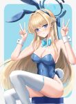  1girl absurdres animal_ears blonde_hair blue_archive blue_eyes blue_hairband blue_leotard border bow bowtie breasts cleavage closed_mouth covered_navel detached_collar double_v ear_piercing earpiece fake_animal_ears hairband halo highleg highleg_leotard highres jozahar large_breasts leotard long_hair looking_at_viewer microphone official_alternate_costume official_alternate_hairstyle piercing playboy_bunny rabbit_ears sitting solo thighhighs thighs toki_(blue_archive) toki_(bunny)_(blue_archive) v very_long_hair white_border white_thighhighs wrist_cuffs 