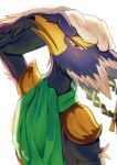  anthro armor avian beak blue_body blue_feathers braided_hair breath_of_the_wild chikichikitaron eyebrows feathers green_eyes hair hi_res leather leather_armor male nintendo revali rito scarf simple_background smug solo the_legend_of_zelda thick_eyebrows white_background wings 