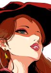  1girl blue_eyes brown_hair coat dangle_earrings donkey_kong_(series) earrings eyeshadow fedora gold_earrings hat highres inworm jewelry long_hair makeup mario_(series) pauline_(mario) purple_eyeshadow red_coat red_headwear red_lips solo super_mario_odyssey 