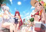  4girls akari_(blue_archive) beach bikini black_bikini blonde_hair blue_archive blue_sky breasts cleavage cloud cooler corn_cob day ddangbi drinking_straw eating flower food food_stand fruit grin hair_bun halo haruna_(blue_archive) hat hat_flower highres horns ice_cream_cone index_finger_raised izumi_(blue_archive) junko_(blue_archive) large_breasts leaning long_hair multiple_girls navel octopus one-piece_swimsuit one_eye_closed outdoors palm_tree red_bikini red_eyes red_hair school_swimsuit sign sitting sky smile stomach straw_hat sun sunlight swimsuit tree twintails watermelon wavy_hair wet white_one-piece_swimsuit yellow_eyes 