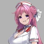  breasts choker cleavage commentary dorothy_(nikke) evil_grin evil_smile frilled_choker frills goddess_of_victory:_nikke grey_background grin hair_bun hair_intakes hair_ornament hair_ribbon hat long_hair looking_at_viewer neck_ribbon nurse nurse_cap pink_hair purple_choker purple_eyes purple_ribbon ribbon shirt short_sleeves simple_background smile tenbin_gashira very_long_hair white_shirt 