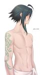  1boy abs black_hair genshin_impact green_hair highres jk_4140 male_focus multicolored_hair muscular muscular_male navel short_hair solo stomach topless_male towel_around_waist white_background xiao_(genshin_impact) yellow_eyes 