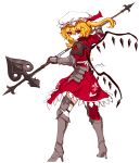  1girl absurdres alternate_costume armor blonde_hair dress flandre_scarlet full_body hat highres holding holding_weapon mob_cap red_dress red_eyes shoulder_armor side_ponytail solo tekaaluk touhou weapon white_background white_headwear wings 