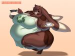  2023 5_fingers anthro apron apron_only belly beverage big_belly big_breasts blush breasts brown_body brown_fur brown_hair cleavage clothed clothing coffee coffee_pot female fingers fur hair hi_res holding_coffee holding_coffee_pot holding_object lagomorph leporid long_ears mammal obese obese_anthro obese_female one_eye_closed overweight overweight_anthro overweight_female rabbit simple_background solo wink yosioka_san 