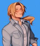  1boy ahoge aiphelix blonde_hair blurry blurry_background blush collared_shirt edward_elric fullmetal_alchemist grey_shirt highres long_hair long_sleeves looking_at_viewer low_ponytail male_focus one_eye_closed parted_lips shirt simple_background toothpick upper_body yellow_eyes 