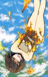  1girl blue_archive blue_eyes brown_hair burning_clothes commentary_request covering_breasts covering_privates falling female_sensei_(blue_archive) fire frozen_oyu holding holding_tablet_pc motion_lines sensei_(blue_archive) short_hair sky solo sweatdrop tablet_pc 