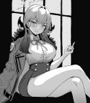  1girl absurdres aru_(blue_archive) blue_archive breasts commentary_request crossed_legs fur-trimmed_jacket fur_trim greyscale halo highres horns jacket large_breasts long_hair looking_at_viewer monochrome neck_ribbon ossou_rocket ribbon shirt sitting skirt smile solo 