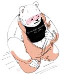  2023 anthro bear belly bepo_(one_piece) blush clothed clothing eyes_closed hi_res humanoid_hands male mammal minkmen_(one_piece) nekokat42 one_piece overweight overweight_male polar_bear shirt simple_background solo text text_on_clothing text_on_shirt text_on_topwear topwear ursine 