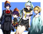  3girls aegis_(persona) alternate_costume android bag black_bag black_hair black_sailor_collar black_shirt black_skirt blonde_hair blue_background blue_dress blue_eyes blue_hair blush_stickers border chibi closed_mouth collared_shirt commentary_request dress gekkoukan_high_school_uniform highres labrys_(persona) long_hair long_sleeves looking_at_viewer metis_(persona) multiple_girls nakano_maru neck_ribbon neckerchief outside_border persona persona_3 persona_4 persona_4:_the_ultimate_in_mayonaka_arena ponytail red_eyes red_ribbon ribbon robot_ears sailor_collar school_bag school_uniform shirt short_hair short_sleeves simple_background skirt smile uniform very_long_hair white_border white_shirt yasogami_school_uniform yellow_neckerchief 
