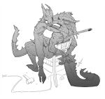  anthro arms_tied blood bodily_fluids bound broken_horn dragon duo erection hi_res horn male male/male nosebleed scuotivento tied_to_chair 